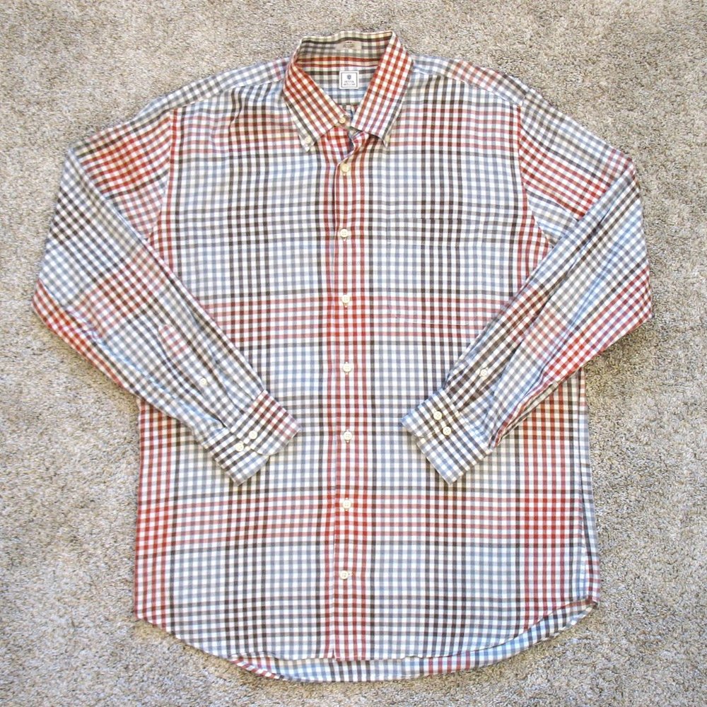 Peter Millar Button Down Shirt Long Sleeve Red Brown Plaid Men’s Size Large